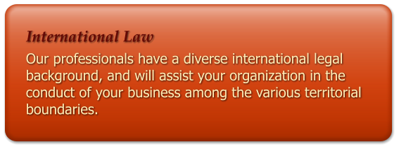 International Law Our professionals have a diverse international legal background, and will assist your organization in the conduct of your business among the various territorial boundaries.